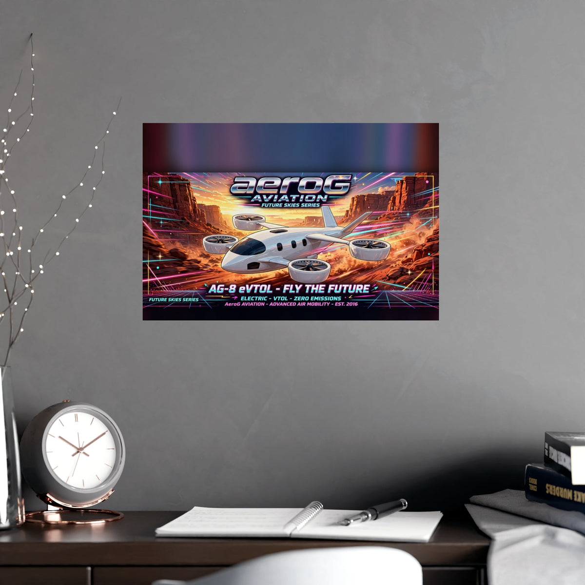 Arcade style aviation poster: Canyon Run — lifestyle mockup of the unframed poster on a gray wall above a wooden desk with a round clock, open notebook, pen, books, and decorative string lights, by aeroG Aviation