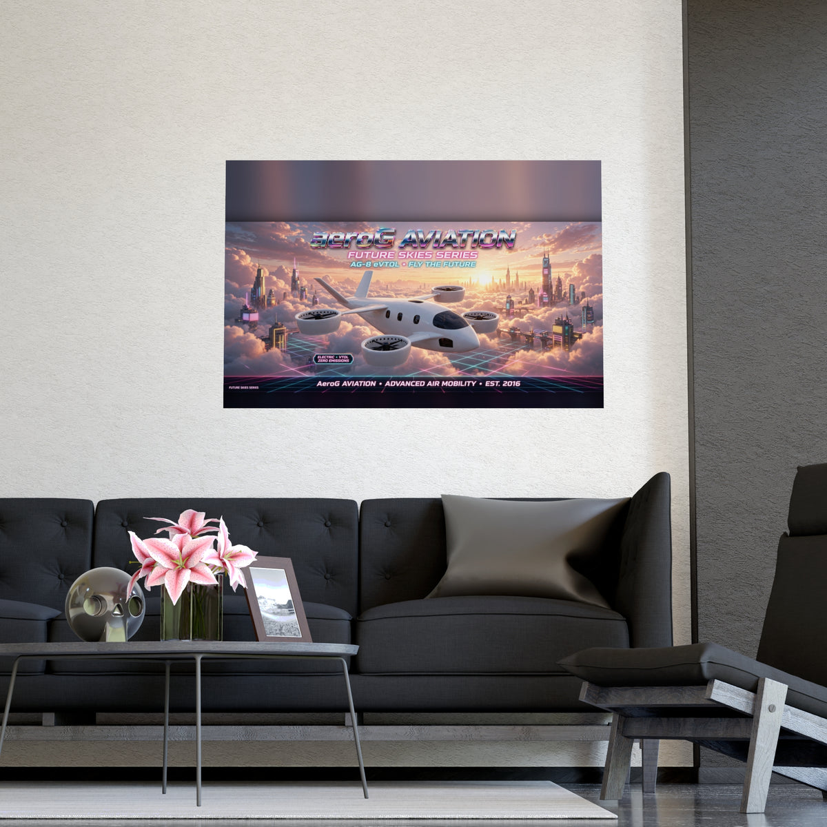Arcade style aviation poster: Cloud City — lifestyle mockup of the framed poster on a light beige wall above a black sofa with a side table, pink lilies, decorative skull, and photo frame in a modern living room, by aeroG Aviation