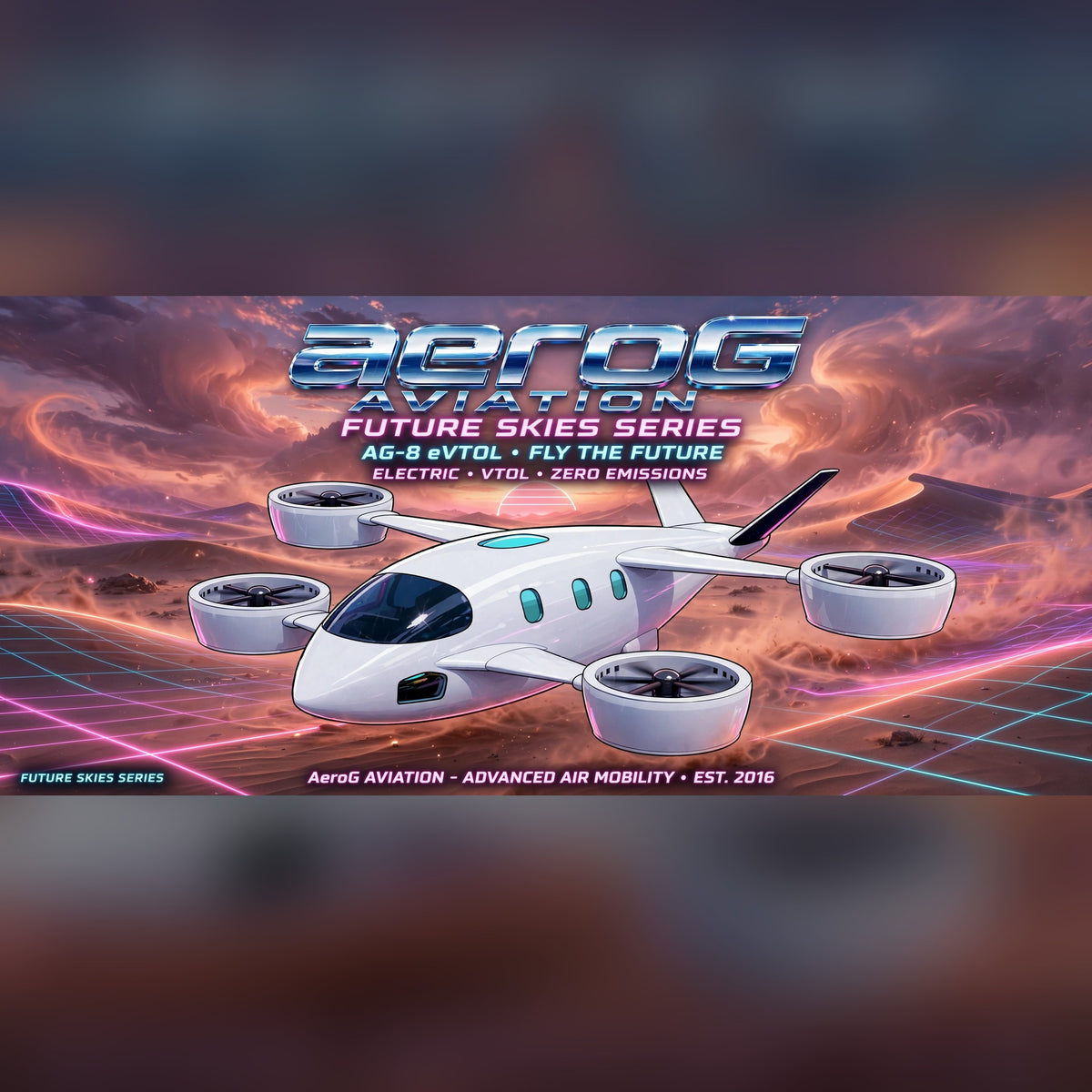 Future Skies Desert Storm stretched canvas print of the AG-8 eVTOL under a stormy orange desert sky, by aeroG Aviation