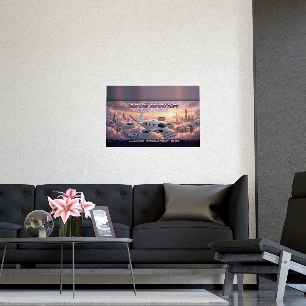 Arcade style aviation poster: Cloud City — lifestyle mockup of the framed poster on a textured white wall above a black tufted sofa with a side table and pink flowers in a modern living room, by aeroG Aviation
