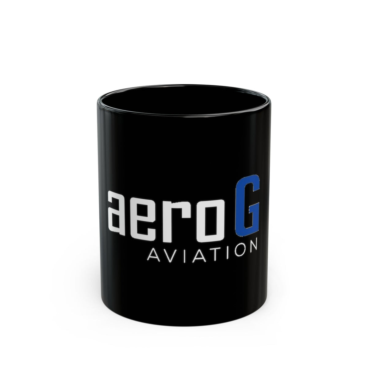 aeroG Aviation 11oz black ceramic coffee mug with white aeroG logo