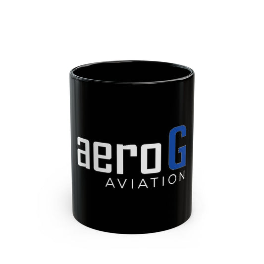 aeroG Aviation 11oz black ceramic coffee mug with white aeroG logo