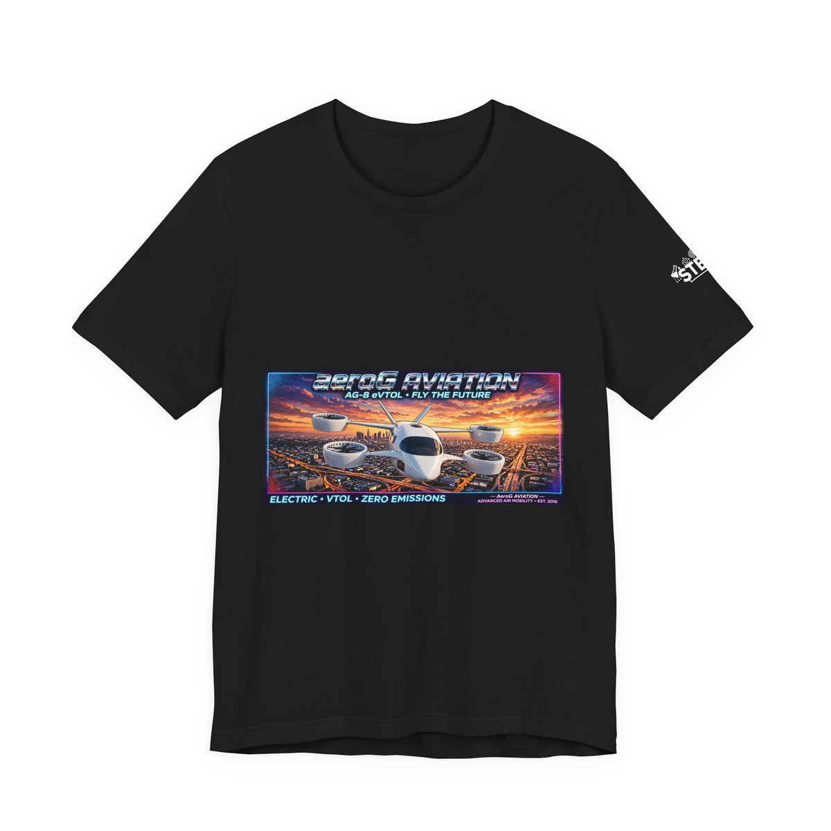 aeroG Future Skies LA Sunset black tee with eVTOL sunset front print