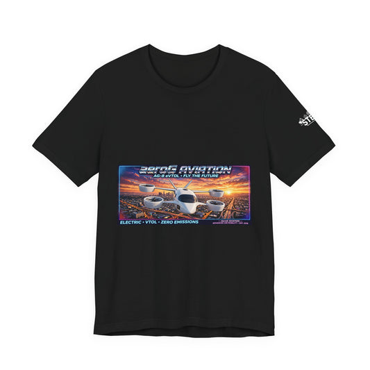 aeroG Future Skies LA Sunset black tee with eVTOL sunset front print