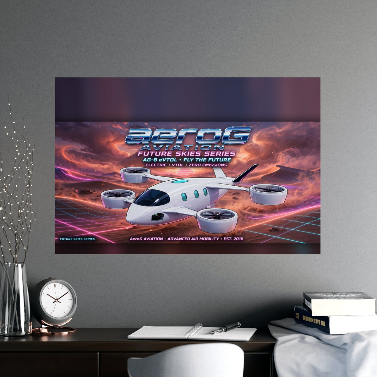 Arcade style aviation poster: Desert Storm — lifestyle mockup of the unframed poster on a gray wall above a dark wooden desk with a round clock, open notebook, pen, books, a vase of decorative branches, and a white chair, by aeroG Aviation