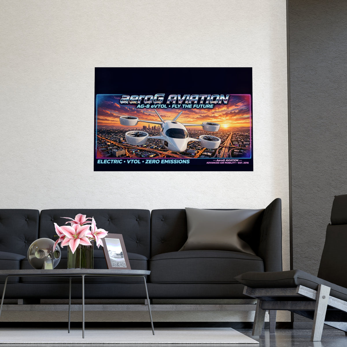 Arcade style aviation poster: LA Sunset — lifestyle mockup of the small unframed poster on a light beige wall above a dark gray tufted sofa with a coffee table, pink lilies, decorative skull, photo frame, and lounge chair, by aeroG Aviation