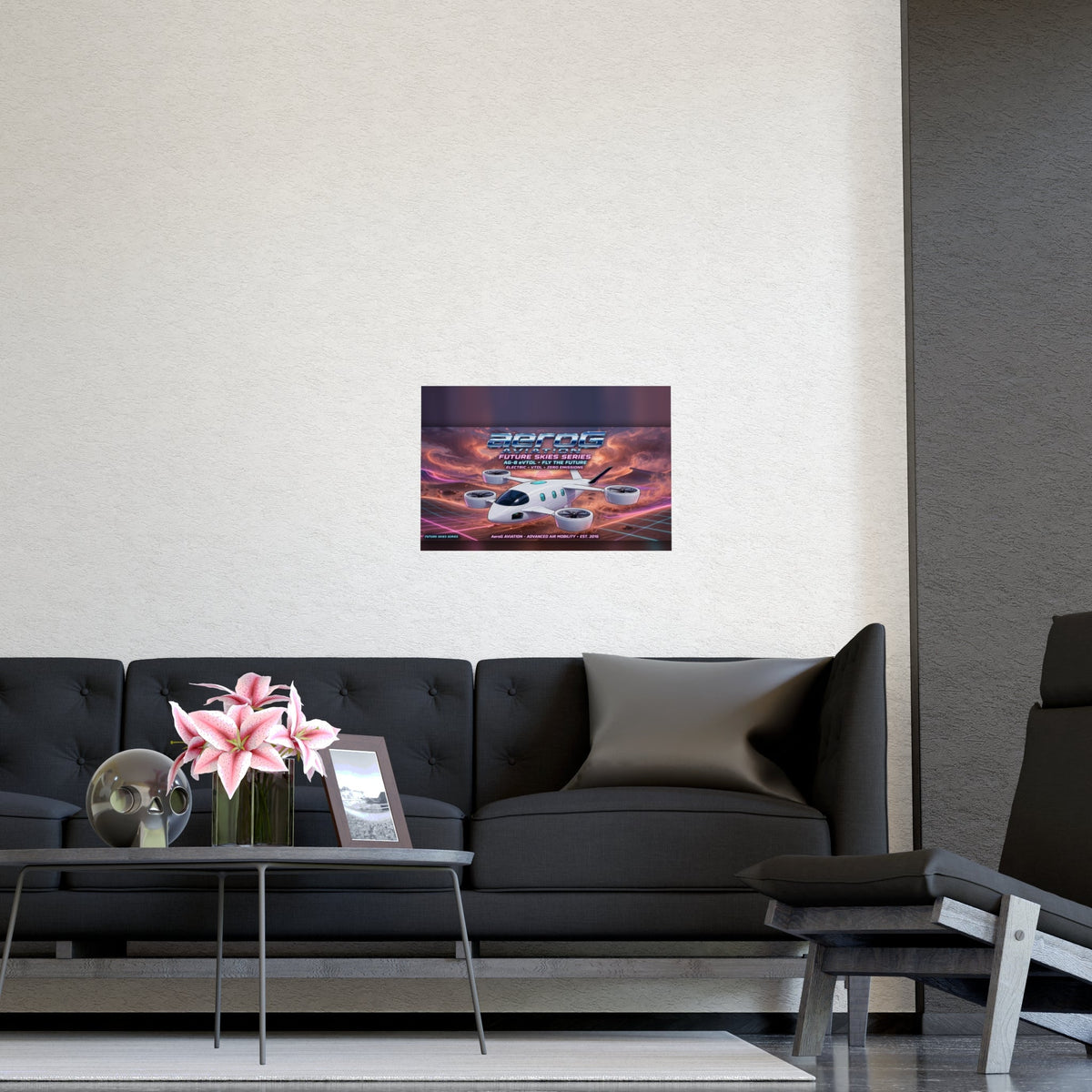 Arcade style aviation poster: Desert Storm — lifestyle mockup of the small unframed poster on a light beige wall above a dark gray tufted sofa with a coffee table, pink lilies, decorative skull, photo frame, and lounge chair, by aeroG Aviation