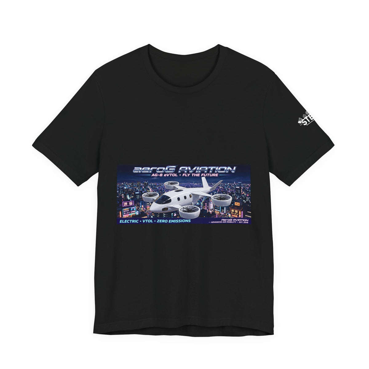 aeroG Future Skies Tokyo Night black tee with eVTOL over Tokyo front print