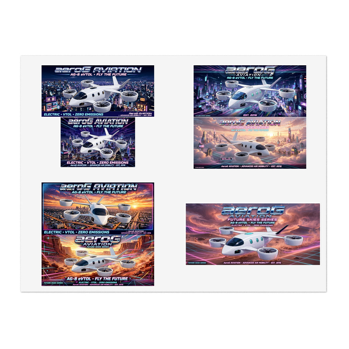 aeroG Future Skies sticker pack sheet with seven arcade-style eVTOL artworks