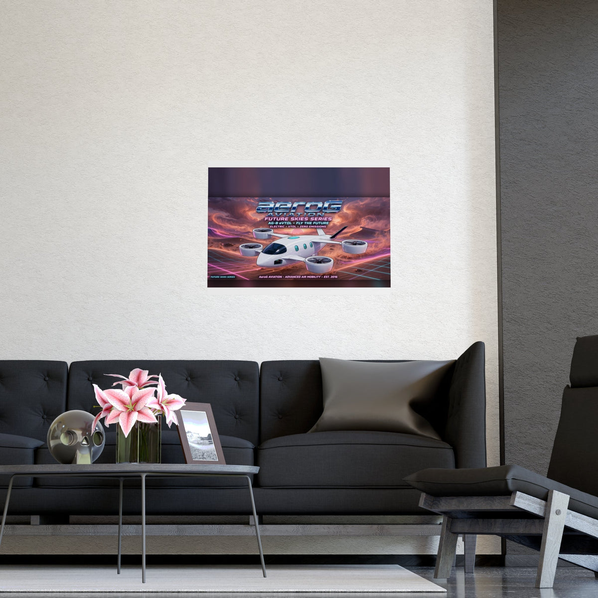 Arcade style aviation poster: Desert Storm — lifestyle mockup of the small framed poster on a light beige wall above a modern black sofa with a coffee table, pink lilies, decorative skull, and photo frame, by aeroG Aviation