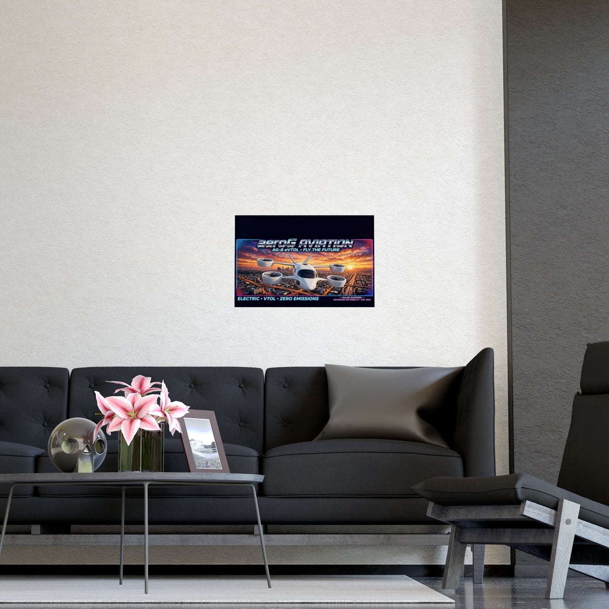 Arcade style aviation poster: LA Sunset — lifestyle mockup of the small framed poster on a light beige wall above a modern black sofa with a coffee table, pink lilies, decorative skull, and photo frame, by aeroG Aviation