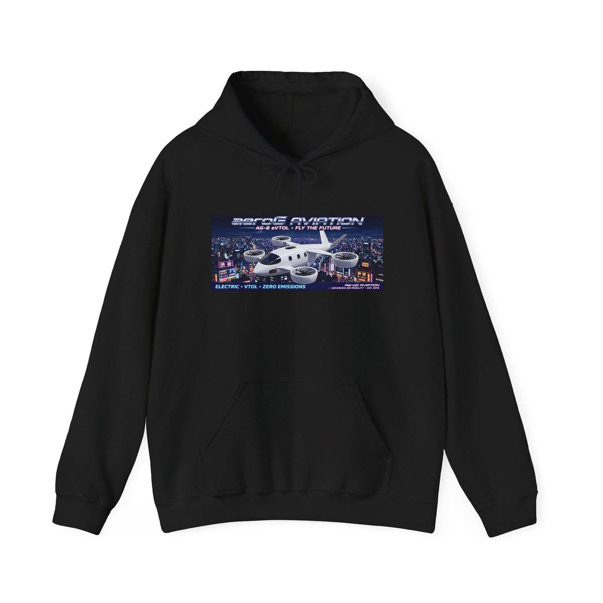 aeroG Future Skies Tokyo Night black hoodie with eVTOL over Tokyo skyline chest print