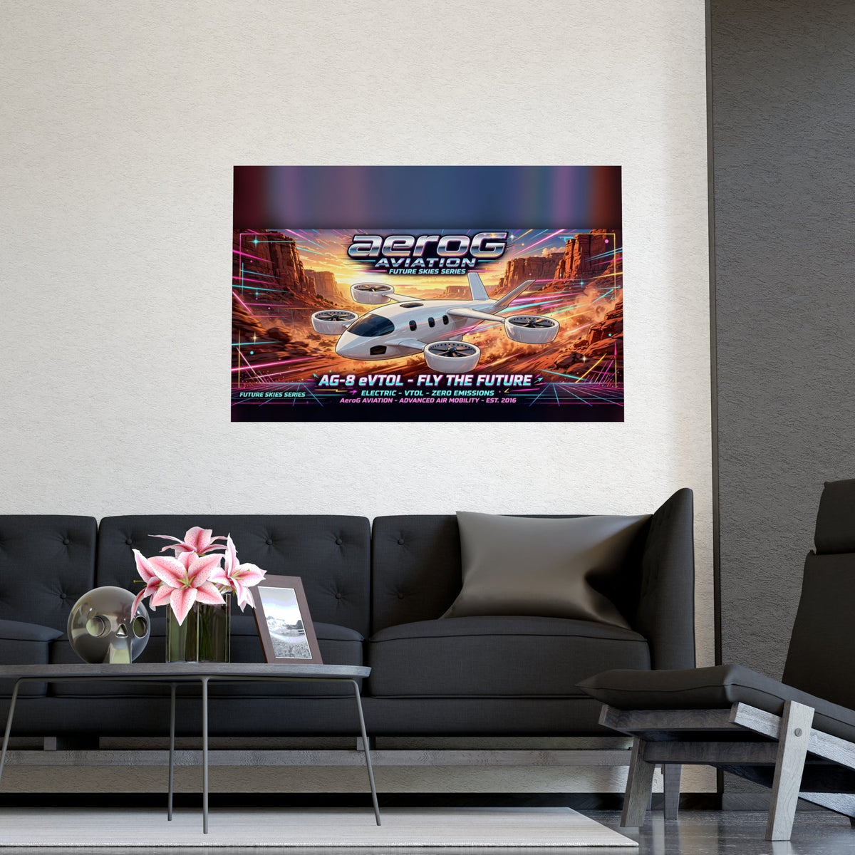 Arcade style aviation poster: Canyon Run — lifestyle mockup of the framed poster on a textured wall above a modern black sofa with a side table, pink lilies, decorative skull, and photo frame in a living room, by aeroG Aviation