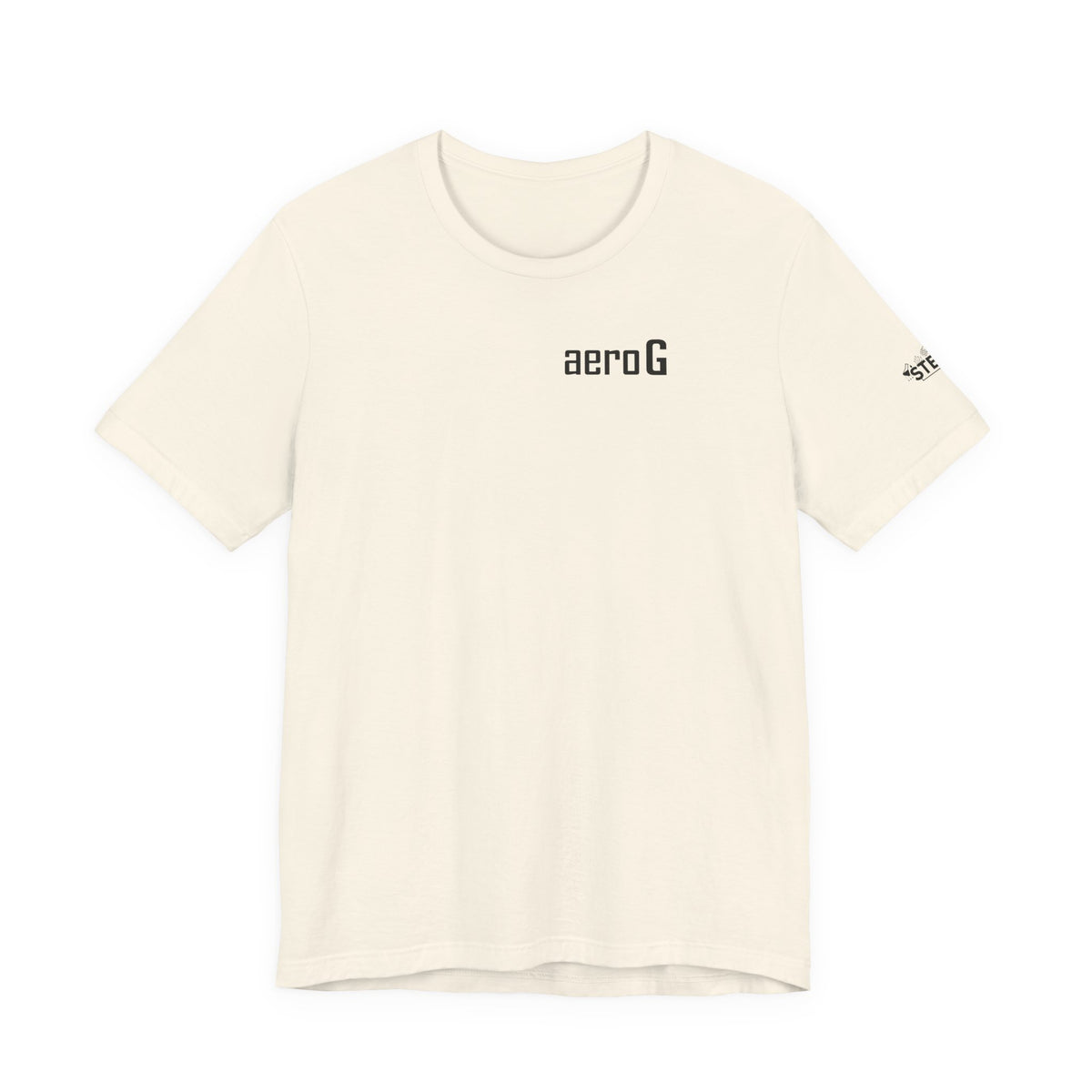 aeroG TRANSITION tee front: aeroG wordmark over the heart on a natural Bella+Canvas tee