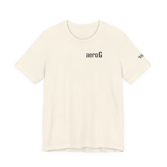 aeroG TRANSITION tee front: aeroG wordmark over the heart on a natural Bella+Canvas tee