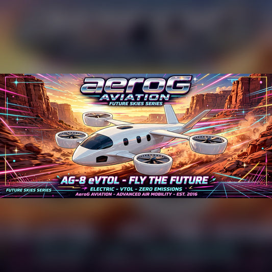 Future Skies Canyon Run stretched canvas print of the white AG-8 eVTOL over a desert canyon at sunset, by aeroG Aviation