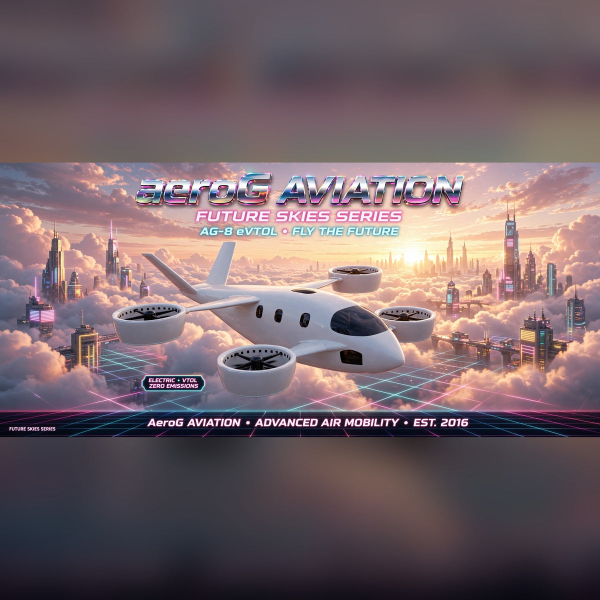 Future Skies Cloud City stretched canvas print of a white eVTOL above clouds toward a neon city skyline, by aeroG Aviation