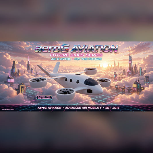 Future Skies Cloud City stretched canvas print of a white eVTOL above clouds toward a neon city skyline, by aeroG Aviation