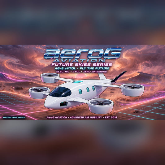 Future Skies Desert Storm stretched canvas print of the AG-8 eVTOL under a stormy orange desert sky, by aeroG Aviation