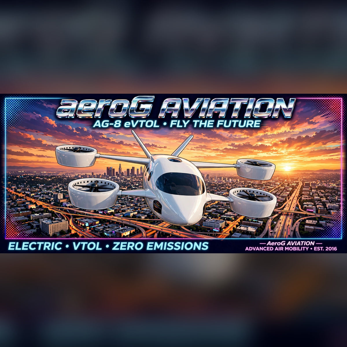 Future Skies LA Sunset stretched canvas print of the AG-8 eVTOL over a city skyline at sunset, by aeroG Aviation