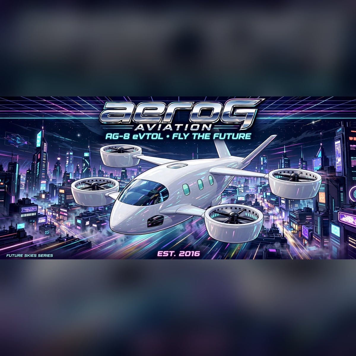 Future Skies Neon City stretched canvas print of an eVTOL over a neon cyberpunk city, by aeroG Aviation