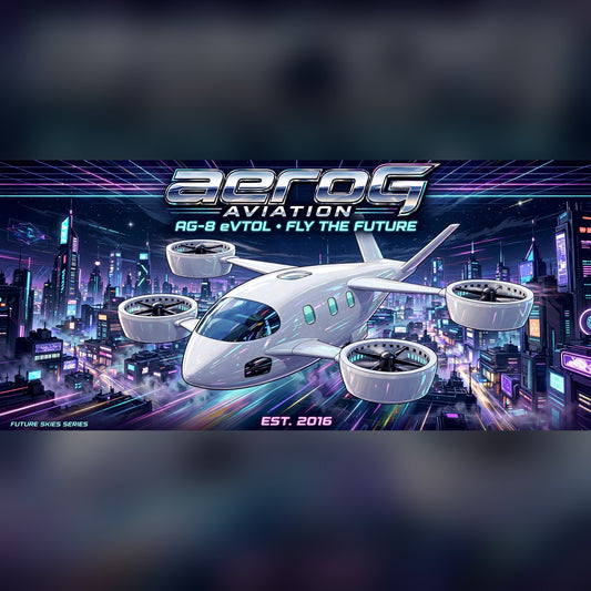 Future Skies Neon City stretched canvas print of an eVTOL over a neon cyberpunk city, by aeroG Aviation