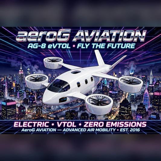 Future Skies NYC Night stretched canvas print of the AG-8 eVTOL over the New York City skyline at night, by aeroG Aviation