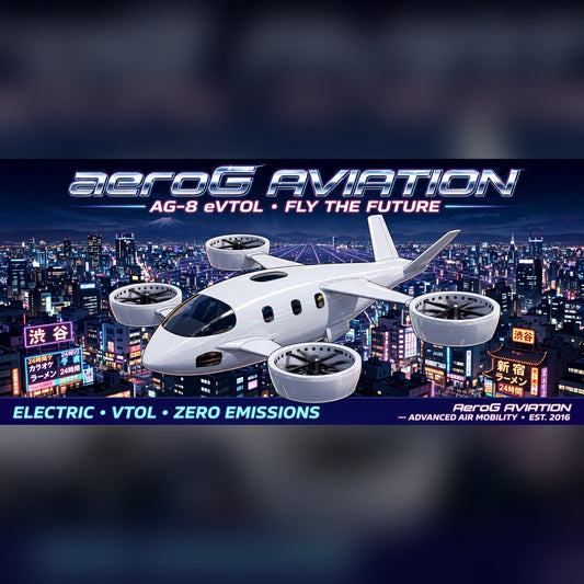 Future Skies Tokyo Night stretched canvas print of an eVTOL over a glowing Tokyo skyline at night, by aeroG Aviation