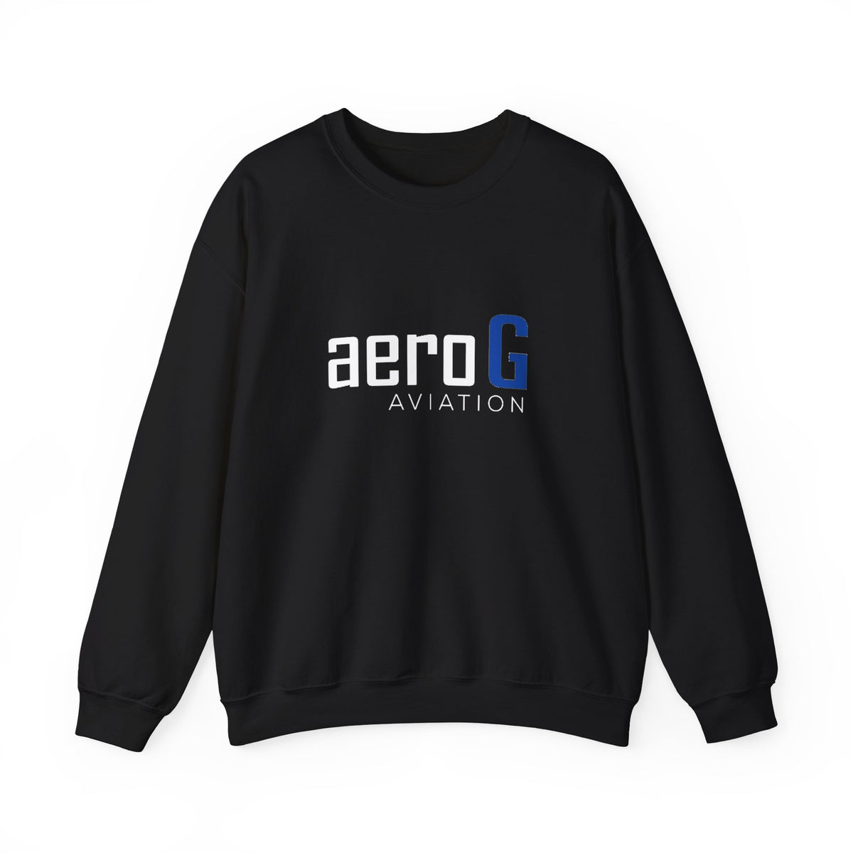 aeroG Aviation black crewneck sweatshirt with large white aeroG logo
