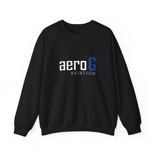 aeroG Aviation black crewneck sweatshirt with large white aeroG logo