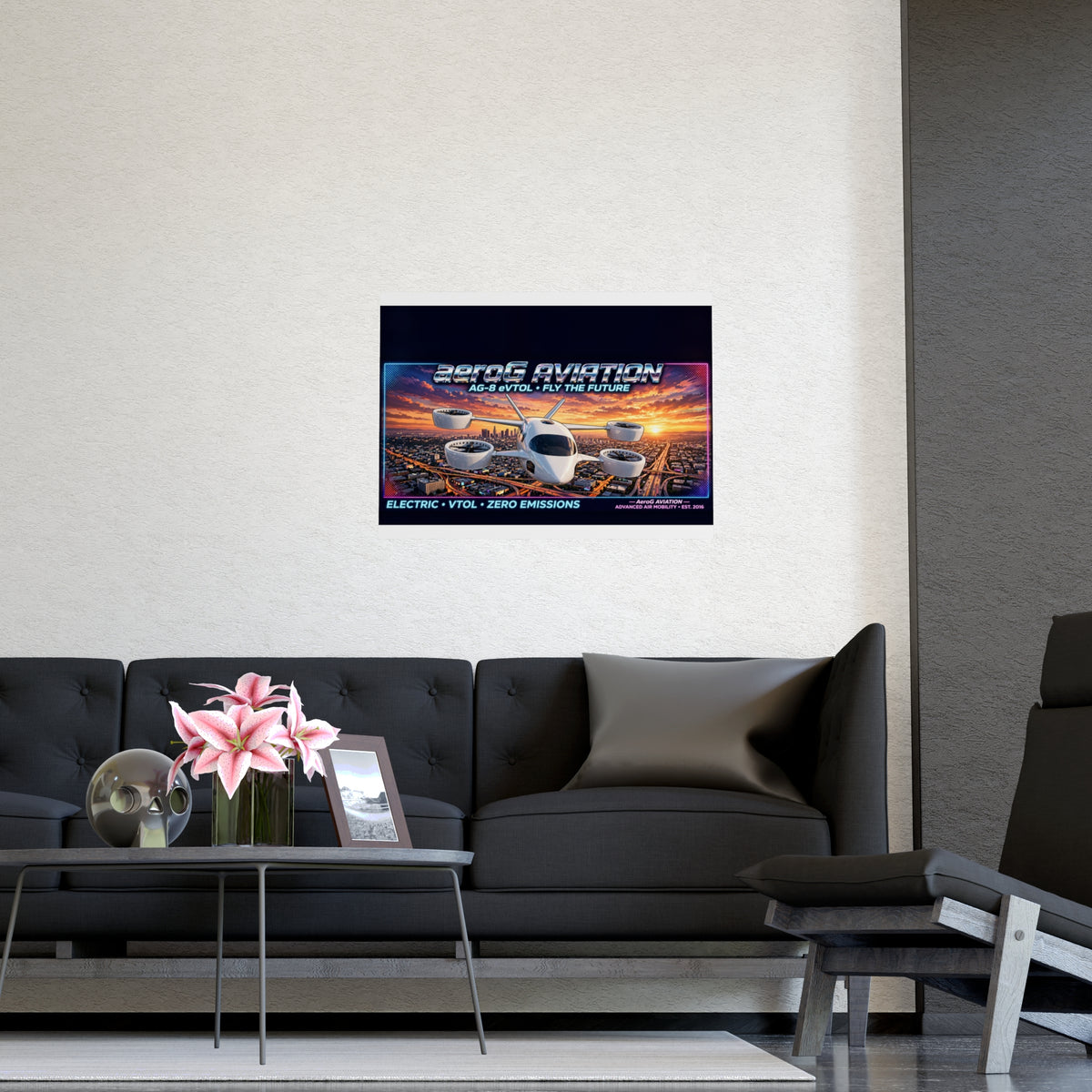 Arcade style aviation poster: LA Sunset — lifestyle mockup of the small framed poster on a light beige wall above a dark gray tufted sofa with a round coffee table, pink lilies, decorative skull, photo frame, and lounge chair, by aeroG Aviation