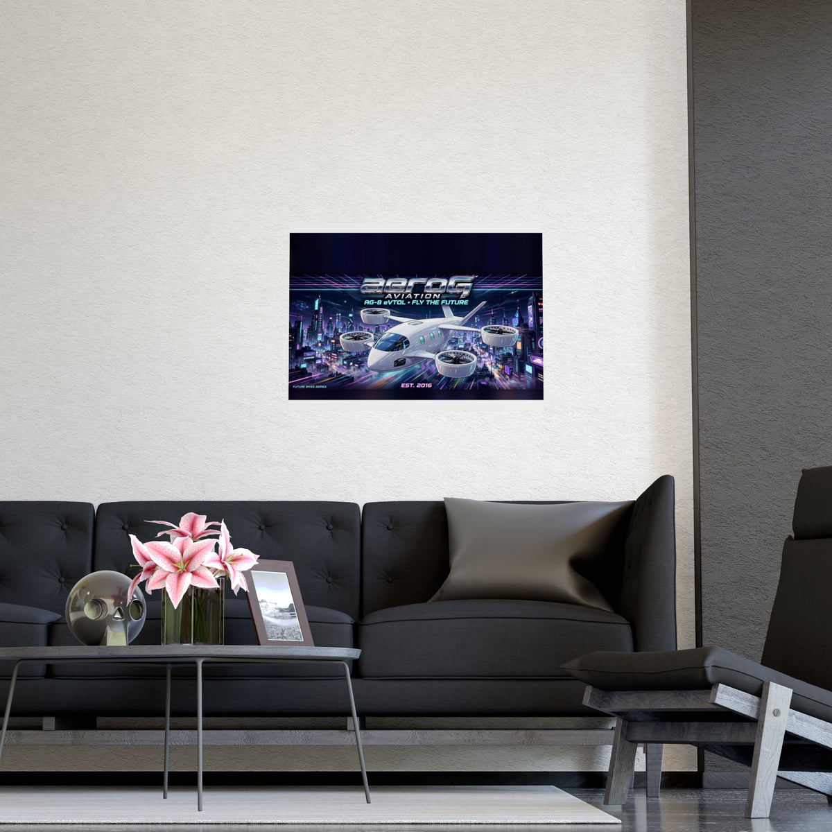 Neon City poster hanging on a living room wall above a dark sofa