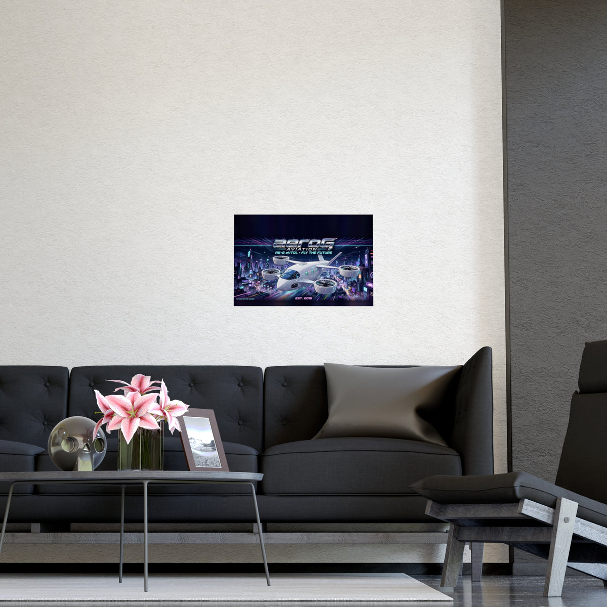 Neon City poster hanging on a living room wall above a black couch