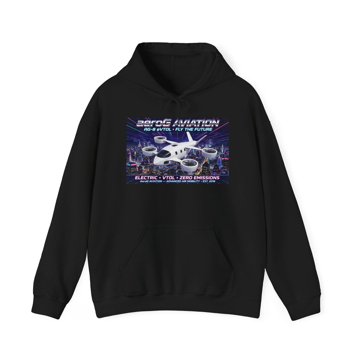 aeroG Future Skies NYC Night black hoodie with eVTOL city skyline chest print