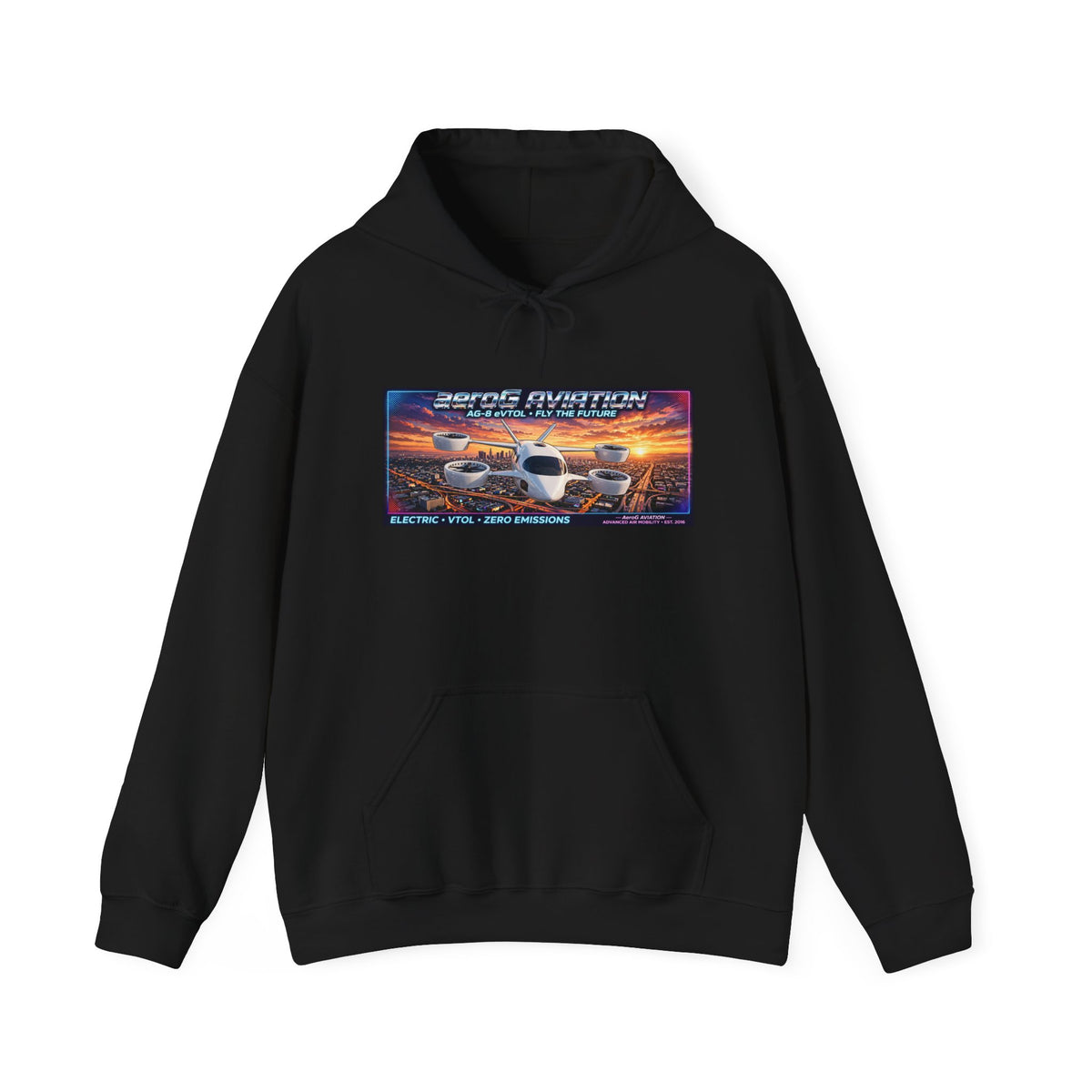 aeroG Future Skies LA Sunset black hoodie with eVTOL sunset chest print