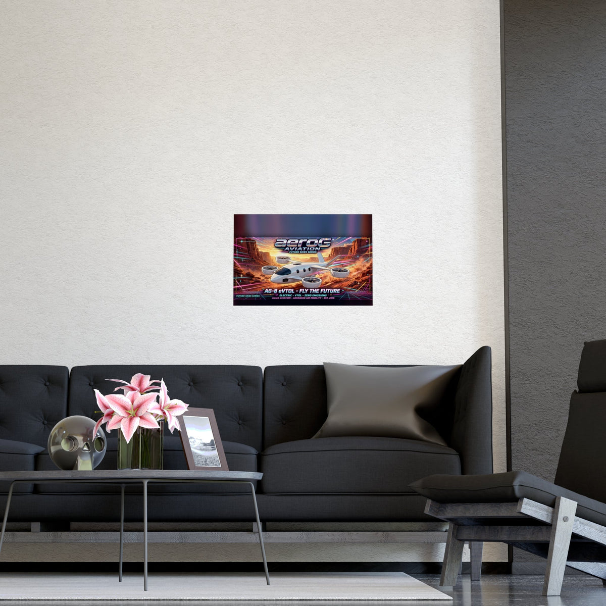 Arcade style aviation poster: Canyon Run — lifestyle mockup of the framed poster on a textured wall above a dark gray tufted sofa with a round coffee table, pink lilies, decorative skull, photo frame, and lounge chair, by aeroG Aviation