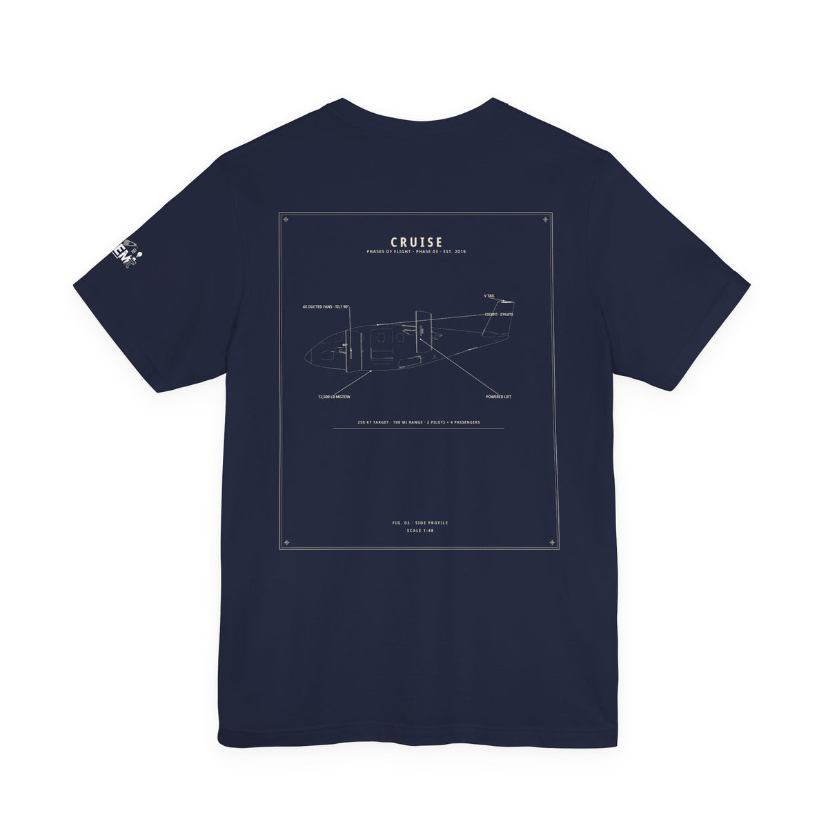 aeroG CRUISE tee: AG-8 cruise-configuration schematic on a navy tee