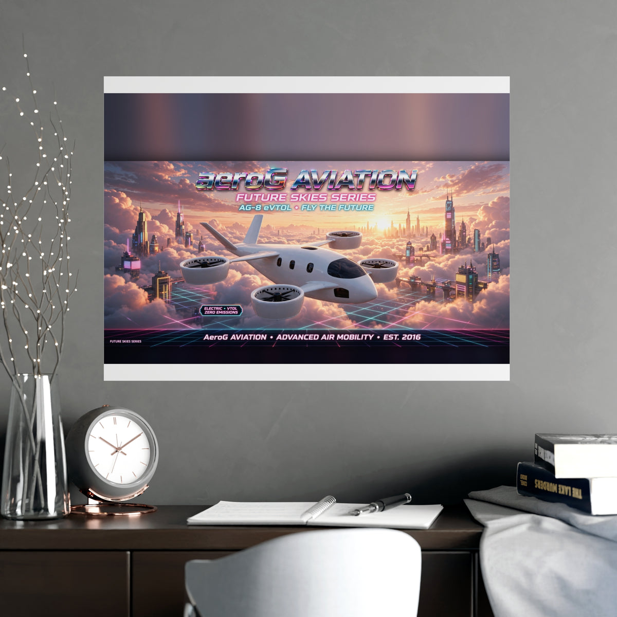 Arcade style aviation poster: Cloud City — lifestyle mockup of the framed poster on a gray wall above a wooden desk with a clock, notebook, books, and decorative branches, by aeroG Aviation