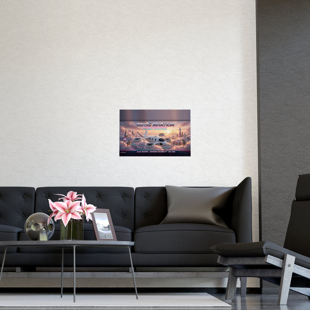 Arcade style aviation poster: Cloud City — lifestyle mockup of the framed poster on a light beige wall above a dark gray sofa in a living room, by aeroG Aviation