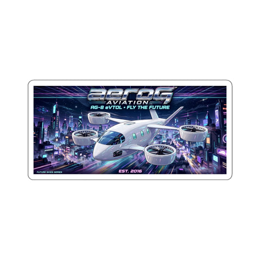 Future Skies Neon City die-cut vinyl sticker of an eVTOL over a cyberpunk city, by aeroG Aviation