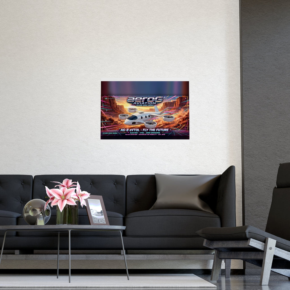 Arcade style aviation poster: Canyon Run — lifestyle mockup of the framed poster on a light beige wall above a modern black sofa with a coffee table, pink lilies, decorative skull, and photo frame, by aeroG Aviation