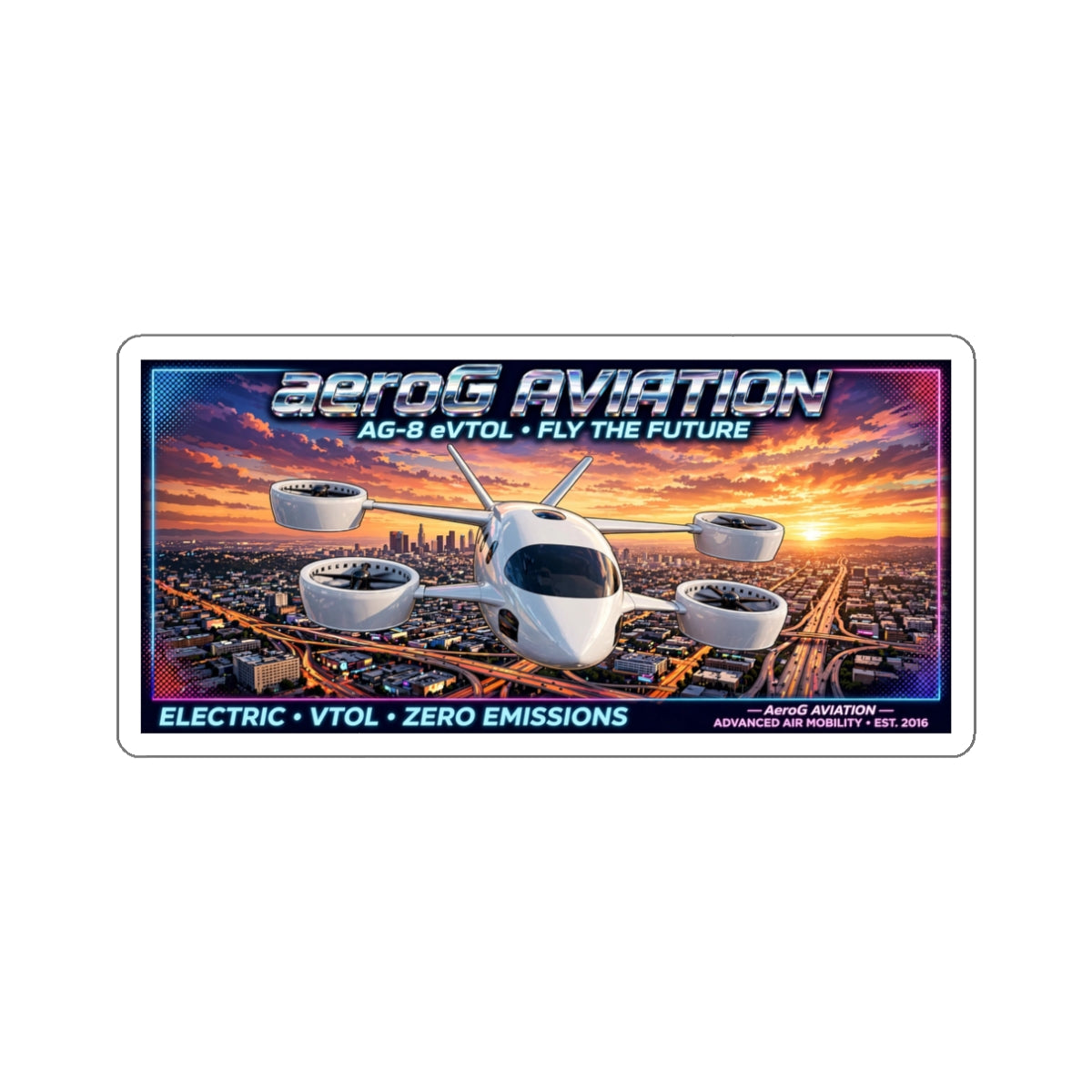 Future Skies LA Sunset die-cut vinyl sticker of an eVTOL over a city at sunset, by aeroG Aviation