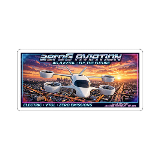 Future Skies LA Sunset die-cut vinyl sticker of an eVTOL over a city at sunset, by aeroG Aviation