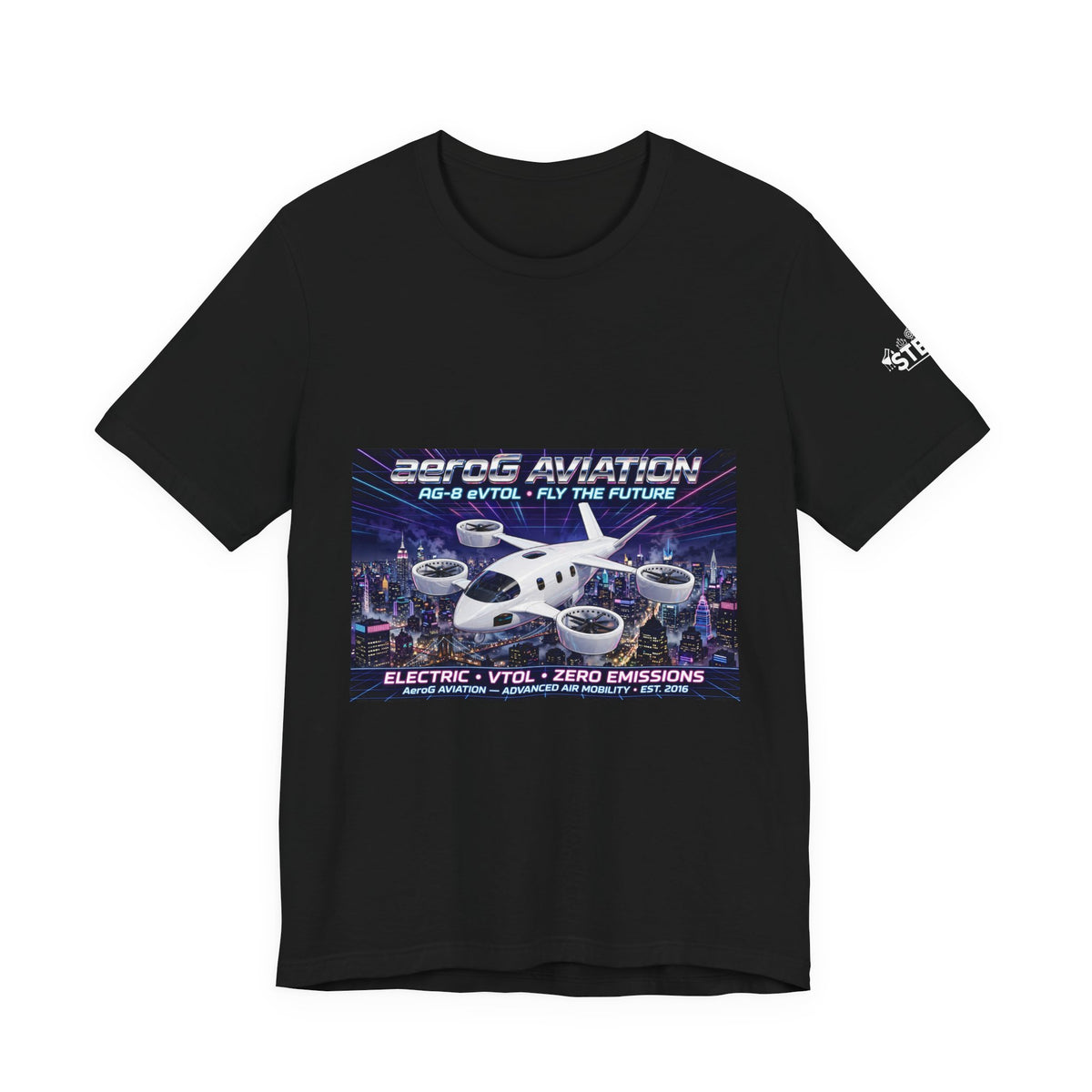 aeroG Future Skies NYC Night black tee with eVTOL city skyline front print