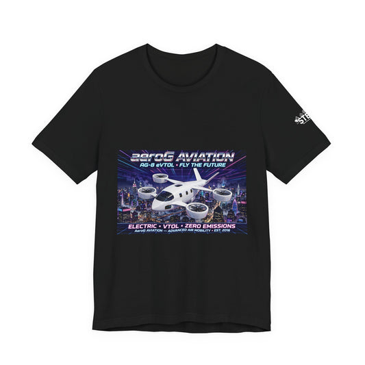 aeroG Future Skies NYC Night black tee with eVTOL city skyline front print