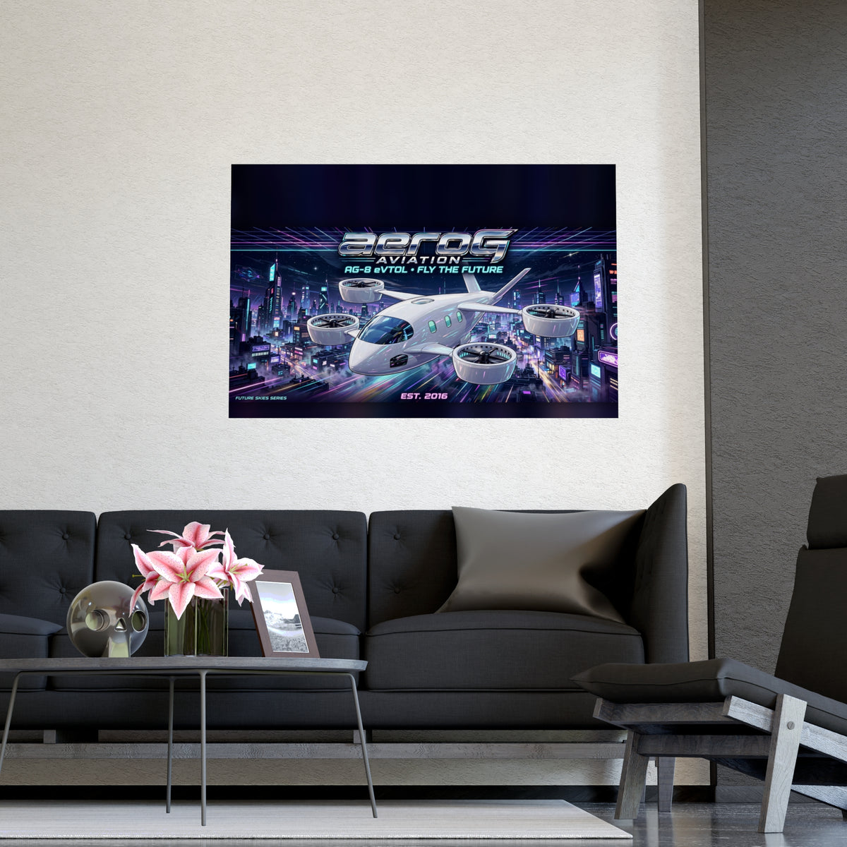 Neon City aeroG Future Skies poster shown in a room setting