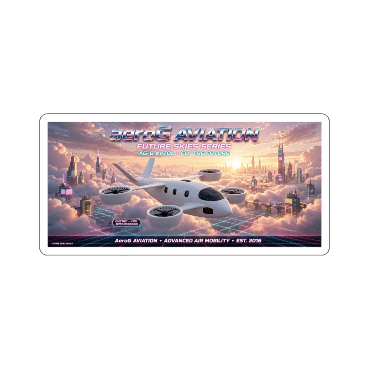Future Skies Cloud City die-cut vinyl sticker of an eVTOL above a neon city, by aeroG Aviation