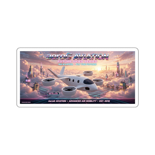 Future Skies Cloud City die-cut vinyl sticker of an eVTOL above a neon city, by aeroG Aviation