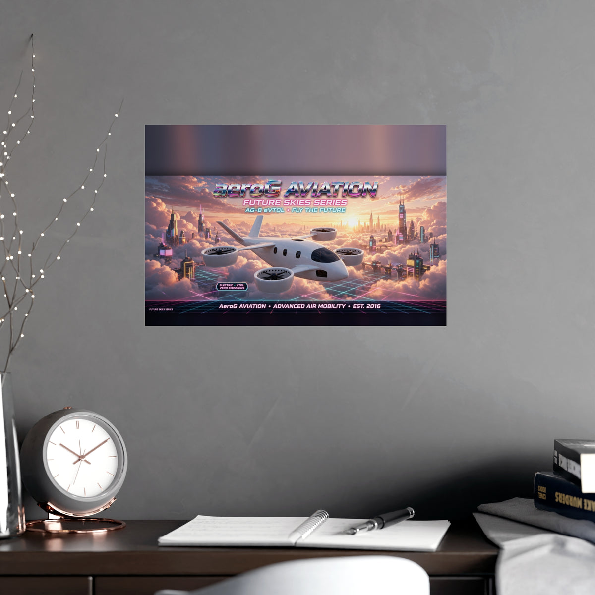Arcade style aviation poster: Cloud City — lifestyle mockup of the framed poster hanging on a gray wall above a desk with a clock, notebook, and books, by aeroG Aviation