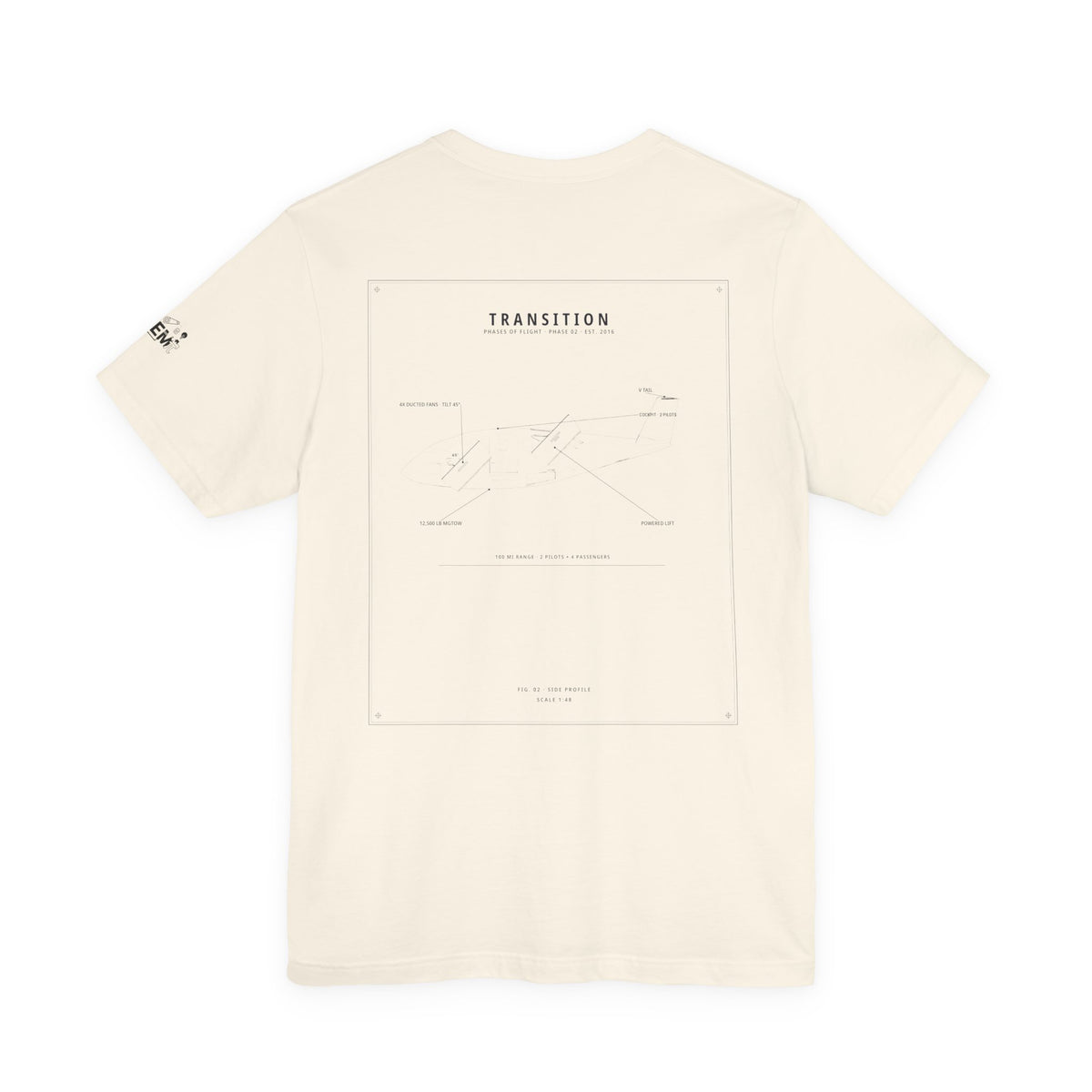 aeroG TRANSITION tee: navy AG-8 schematic with ducted fans at 45 degrees on a natural tee